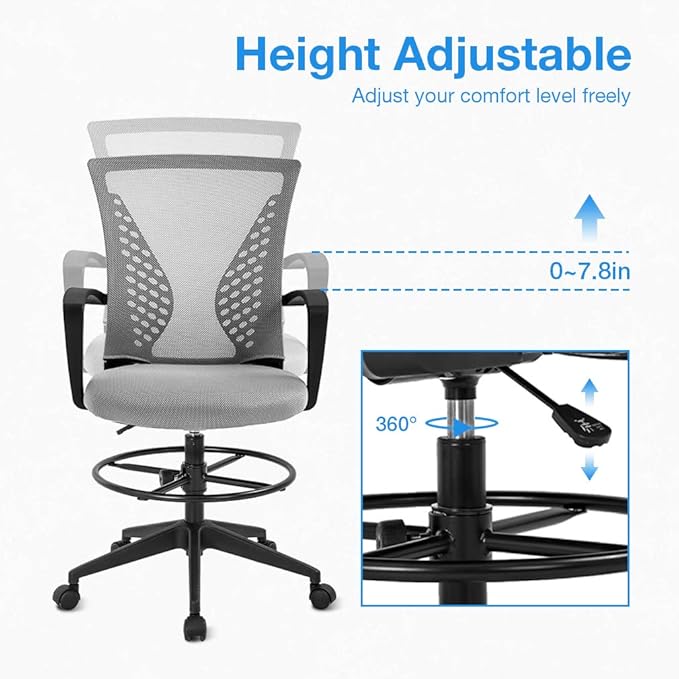 Drafting Chair Tall Office Chair Standing Desk Chair Adjustable Height with Arms Foot Rest Back Support Rolling Swivel Desk Chair Mesh Drafting Stool for Adults-DeskLoop Office