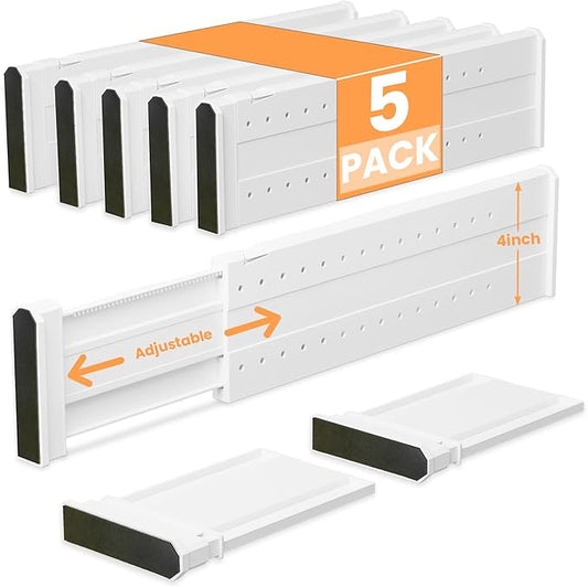 REBECAT 5 Pack Drawer Dividers for Clothes Adjustable Drawer Dividers 4" High Expandable from 15"-21" for Dresser Baby Clothes Bathroom,Bedroom Kitchen and Office Storage，White-DeskLoop Office