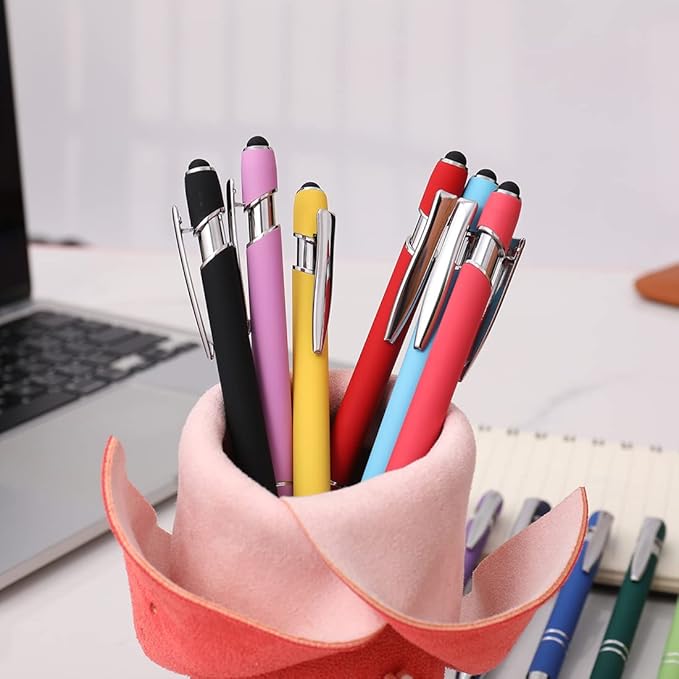 Ballpoint Pen with Stylus Tip, Soft Touch Click Metal Pen, 1.0mm Medium Point, Black Ink, 12 Count(Red)-DeskLoop Office