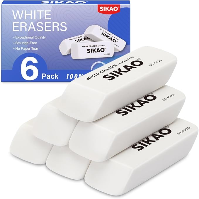 White Erasers, 6 Pack Pencil Erasers | Latex-Free & Smudge-Free Beveled Rubber by Sikao