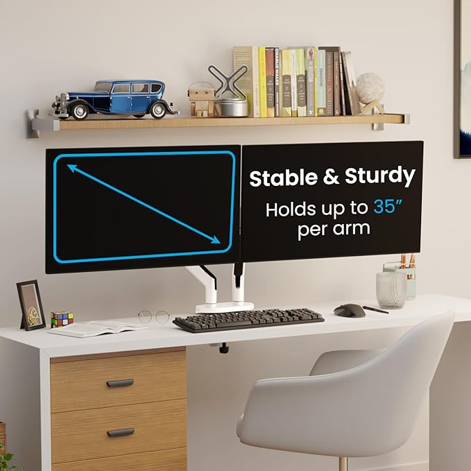 EVEO Premium Dual Monitor Mount 14"-35” Dual Monitor Arm VESA Bracket Adjustable Height Gas Spring Dual Monitor Stand, Screen Full Motion Dual Monitor Arm-Computer Monitor Stand for 2 Screens - White-DeskLoop Office