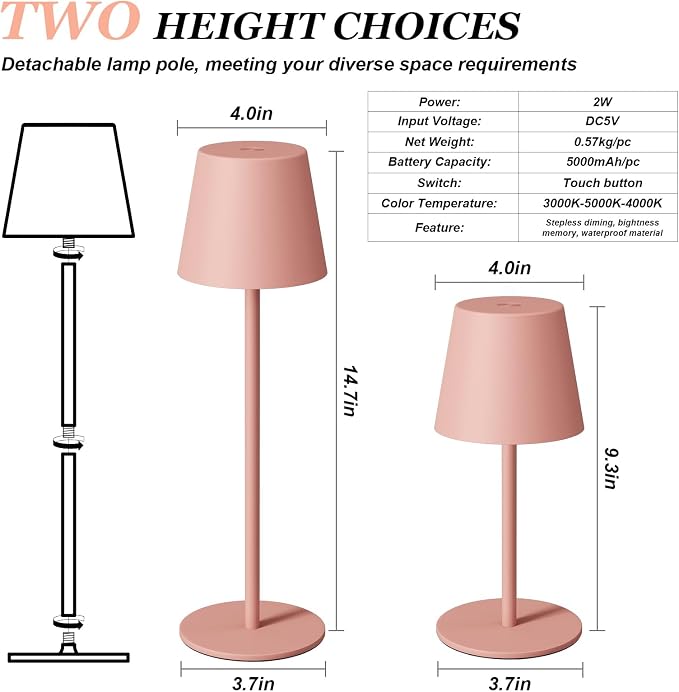 Kakanuo Cordless Table Lamp Rechargeable Pink - Image 5