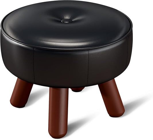 13in Small Foot Stool Ottoman, Round Faux Leather Foot Rest, Footstool Ottomans with Rubber Legs Under Desk, Footrest for Couch, Living Room, Bedroom, Office, 13''L x 13''W x 10.2''H, Black-DeskLoop Office
