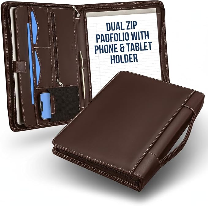 STYLIO Walnut Zipper Padfolio Portfolio Binder w/Carrying Handle | Organizer by Stylio