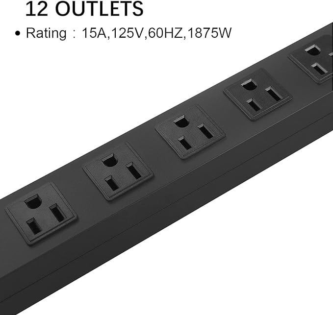 HHSOET Metal Wall Mount Power Strip, Mountable Power Outlet with 12 AC Outlets, Aluminum Alloy Mount Power Socket with Switch, 10 FT SJT 3/C 14AWG Power Cord, 15A 125V 1875W (12AC) Black-DeskLoop Office