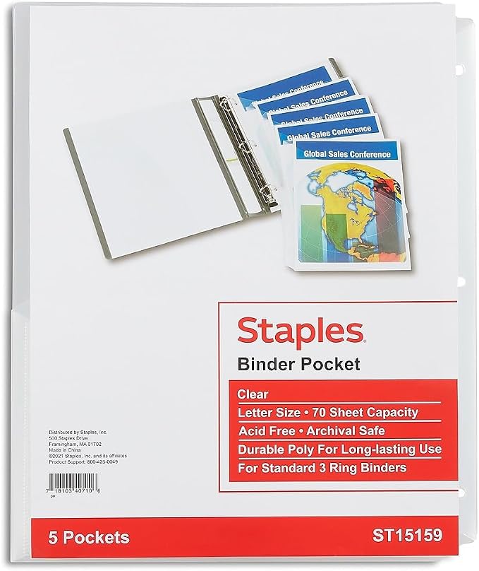 Staples Binder Pockets, 3‑Hole Punched, Secure Storage by Staples