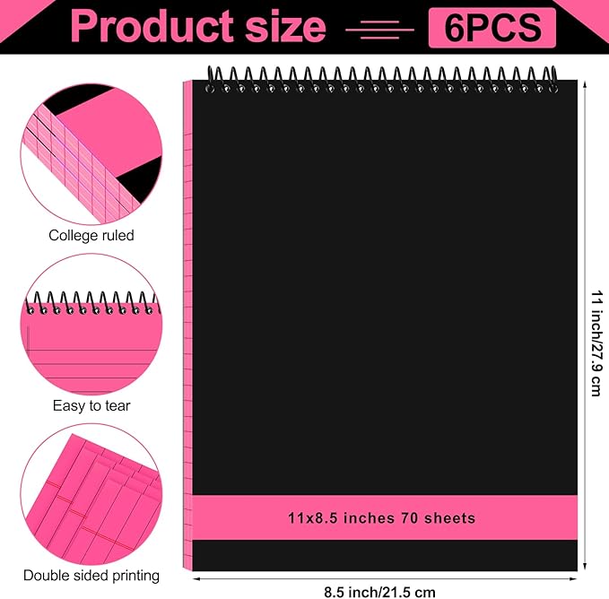 6 Pcs Legal Pad Top Spiral Bound Notebook 70 Sheets Wirebound Notepad Double Sided Ruled Memo Steno Book with Stiff Back Cover for Business(8.5 x 11 Inches,No Holes,Bright Colors)-DeskLoop Office