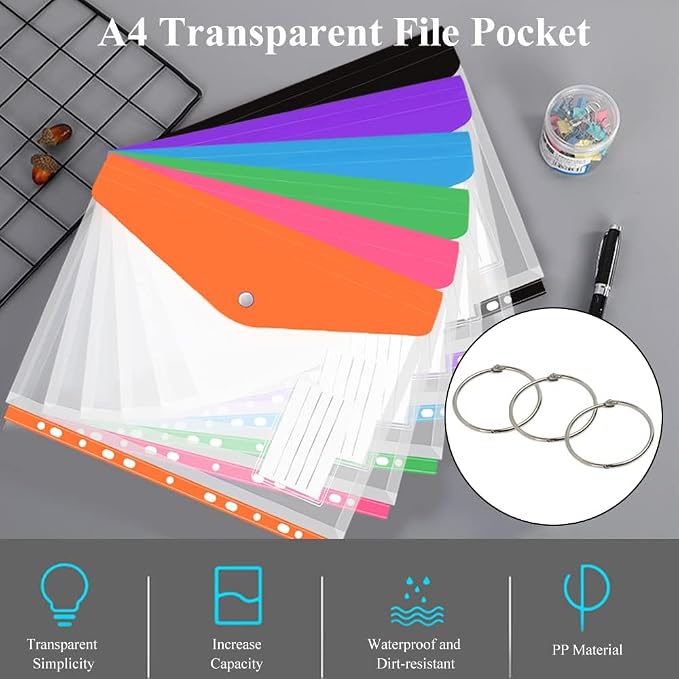 Clear Plastic Document Envelopes, 12 Pack, 6 Colors, Button Closure, - Image 7