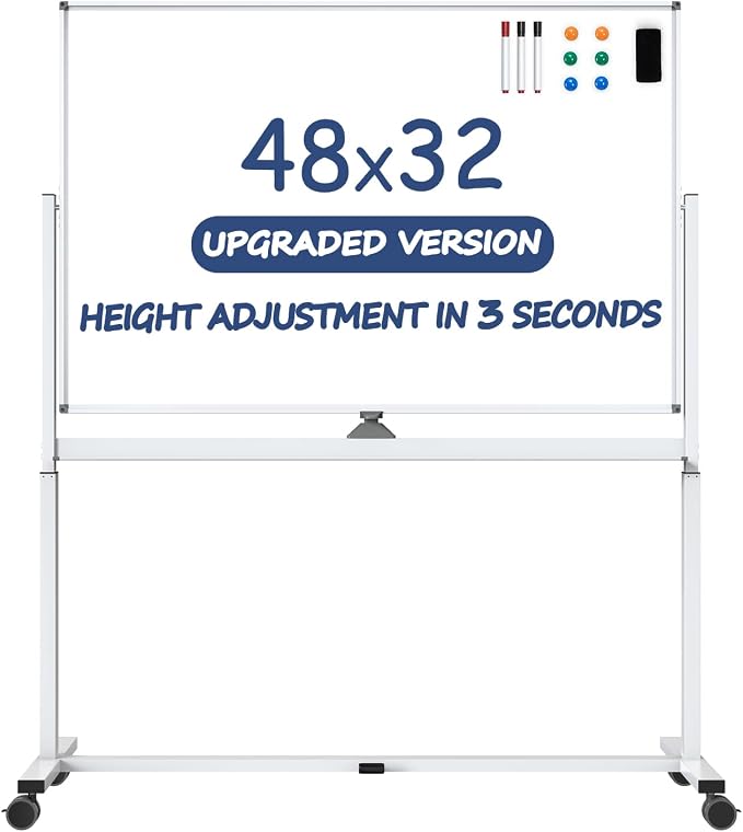 White Board on Wheels, 48 x 32 Inches Height-Adjustable Large Rolling Whiteboard by Tankee