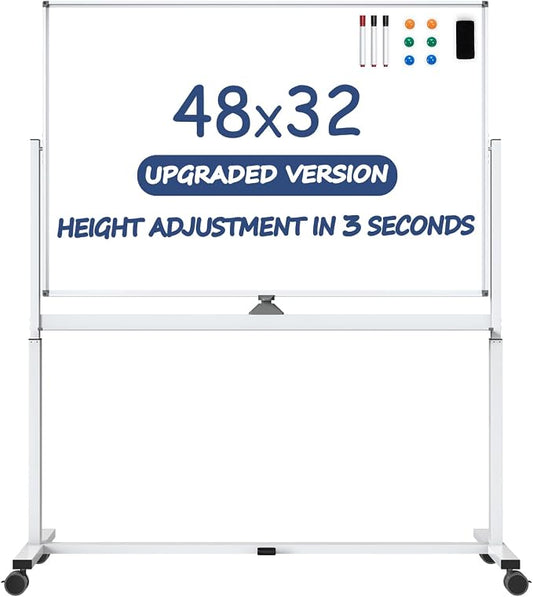 White Board on Wheels, 48 x 32 Inches Height-Adjustable Large Rolling Whiteboard by Tankee