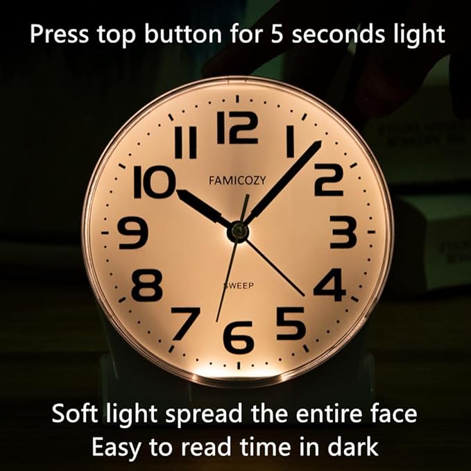 FAMICOZY 4.5" No Ticking Analog Alarm Clock, Silent Readable - Image 5