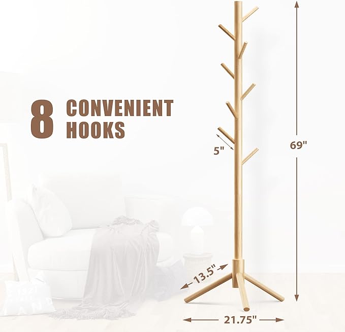 Haddockway Wooden Coat Rack Stand with 8 Hooks New Zealand Pine 3 Adjustable Coat Standing Tree Easy Assembly for Coats, Hats, Scarves and Handbags for Entryway, Hallway, Bedroom, Office-DeskLoop Office