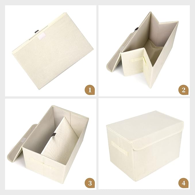 Large 22 Quart [4-Pack] Linen Fabric Foldable Storage Bin Cube Organizer Basket with Flip-Top Lid & Handles, Clothes Blanket Box for Home, Office, Closet (14.6 x 9.5 x 9.5, Beige)-DeskLoop Office