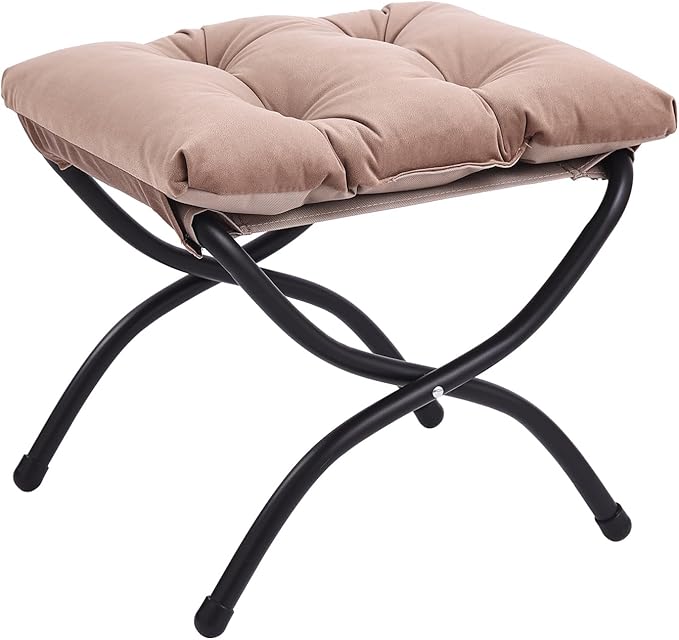 LITA Folding Upholstered Footrest Stool, Modern Small Portable Accent Ottoman with Detachable Thick Cotton Cushion Padded Sofa Stool with Metal Frame for Lazy Chair, Living Room & Bedroom, Khaki-DeskLoop Office