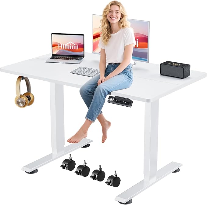 Himimi Electric Standing Desk 48 x 24 inch for Home Office,Sit-Stand Adjustable Desk with Memory Presets,Height Adjustable Desk for Gaming/Working,Free Hook, Lockable Wheels,White-DeskLoop Office