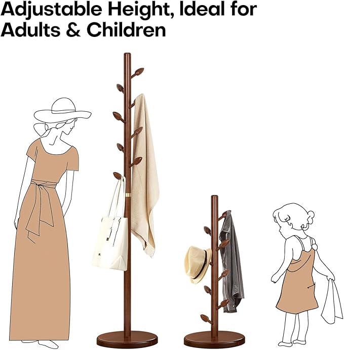 Wooden Coat Rack Freestanding - Heavy Duty Coat Tree Stand with 8 Bud-Shaped Hooks, Sturdy Round Base Coat Hanger for Entryway, Bedroom, Jackets & Clothes, 200lbs Capacity (Walnut)-DeskLoop Office