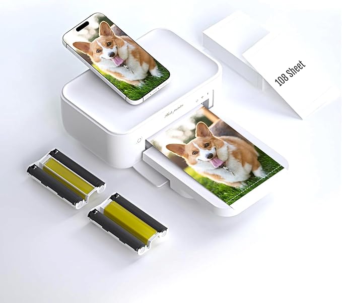 HPRT Photo Printer 4x6,+108Sheets&2ribbon,Instant Picture Printer for iPhone, Android, Smartphone,Portable Photo Printers for Home Use,Thermal Dye-Sublimation, AR Video Printing（White）-DeskLoop Office