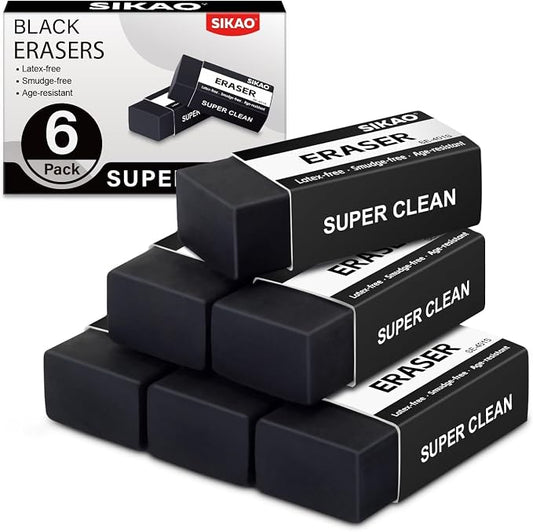 Black Erasers, 6 Pack Block Pencil Erasers – Smudge-Free Latex-Free Art Erasers by Sikao