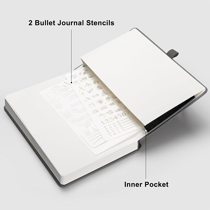 RETTACY Bullet Dotted Journal Notebook, 192 Pages, A5 Medium Size (5.7'' x 8.3''), Leather Hardcover, 100 GSM Thick Paper, for Bullet Journaling, Planning, Tracking (Gray)-DeskLoop Office