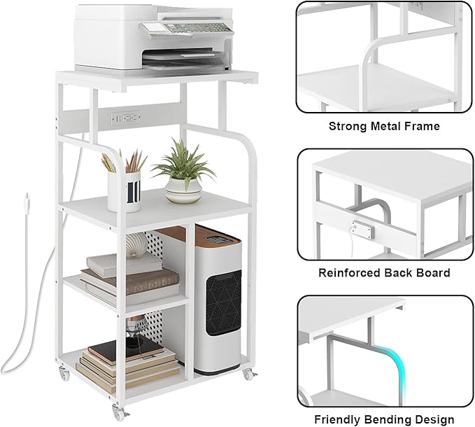 VEDECASA Mobile High Printer Stand with Power Outlet Charging Plugs USB Port Office Storage Shelf Includes Computer Tower CPU Stand Holder with Wheel (White)-DeskLoop Office