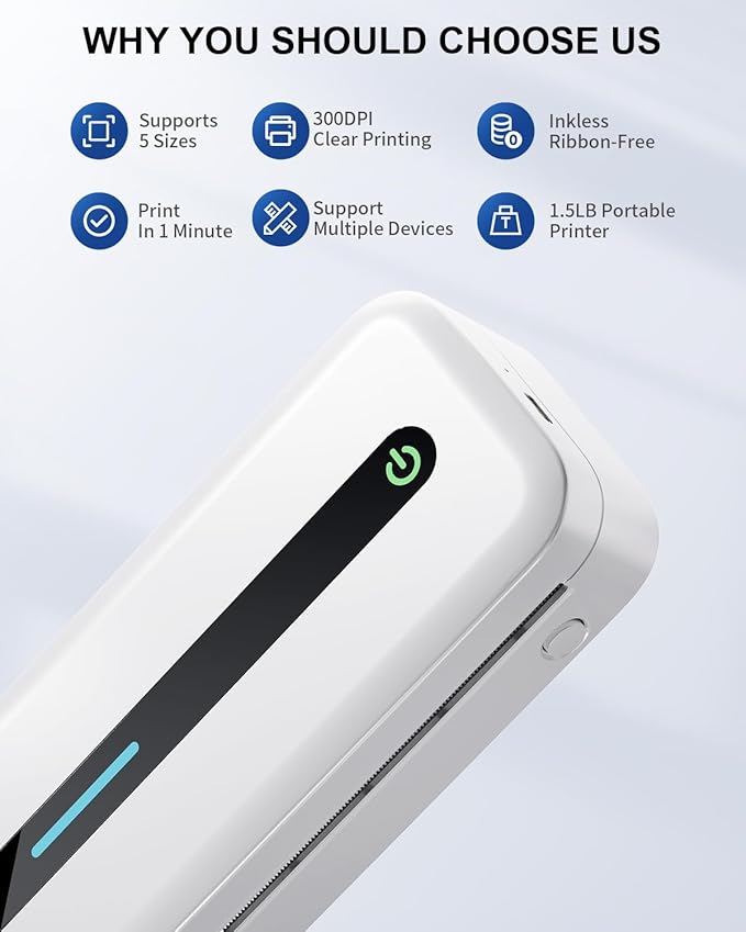 COLORWING M832 Portable Printers Wireless for Travel, 300DPI Mini Compact Inkless Printer, Thermal Bluetooth Printer Compatible with Android and iOS Smartphone & Tablet & Laptop - White-DeskLoop Office