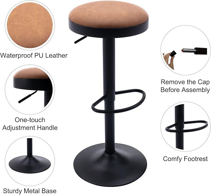 Round Swivel Counter Height Bar Stools Set of 4 Modern Adjustable Barstools Backless PU Leather Bar Chairs Industrial Island Chairs with Metal Base/Footrest for Kitchen Island/Pub/Bar, Brown-DeskLoop Office