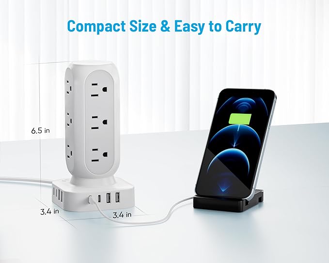 Flat Plug Power Strip Tower, 40W Total Fast Charging Station, Dual PD 20W USB-C Surge Protector with 12 AC Outlets and 8 USB Ports (4 USB C), 15FT Extension Cord for Home Office Dorm Room-DeskLoop Office