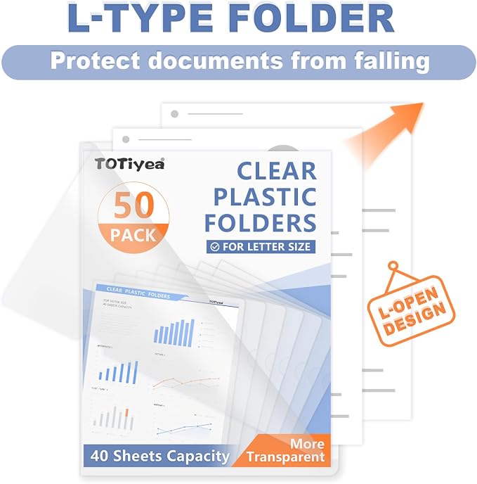 TOTiyea Clear Document Folders 50 Pack, 7 Mil Thick Plastic, Letter Size | - Image 4