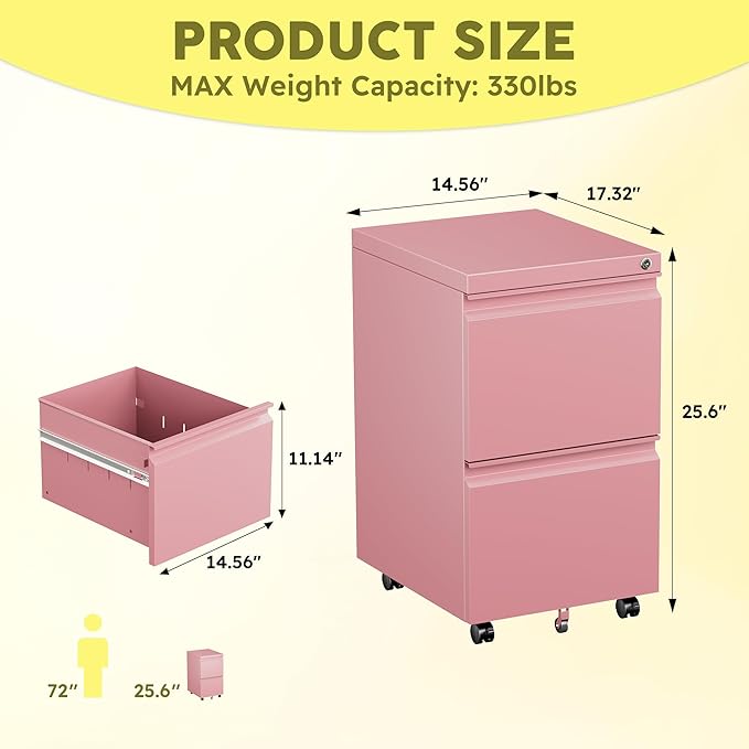 Aobabo Metal 2 Drawer Office File Cabinet with Lock, Under Desk Office Steel Files Cabinet on Wheels, 25.6''H Legal/Letter A4 Size, Fully Assembled Except Wheels,Pink-DeskLoop Office