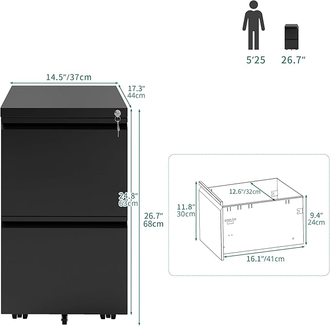 YITAHOME 2 Drawer File Cabinet with Lock, Mobile Metal Filing Cabinet for Letters/Legal/A4 Size, Home Office & Business Enterprise, Fully Assembled Except Wheels, Black-DeskLoop Office