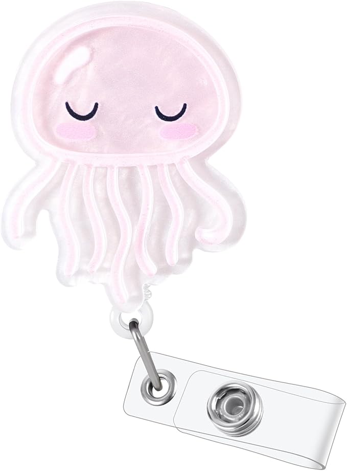 Cute Pink Jellyfish Badge Reel, Pediatric Retractable ID Card Badge Holder by BEZTN