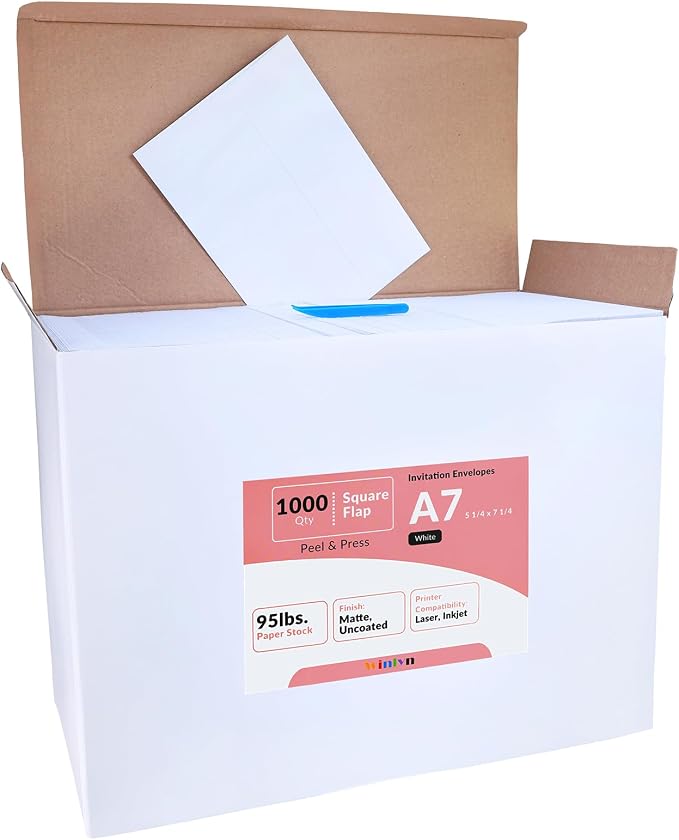 Winlyn 1000 Pcs White A7 Invitation Envelopes 5 1/4 x 7 1/4 Square Flap - Image 2