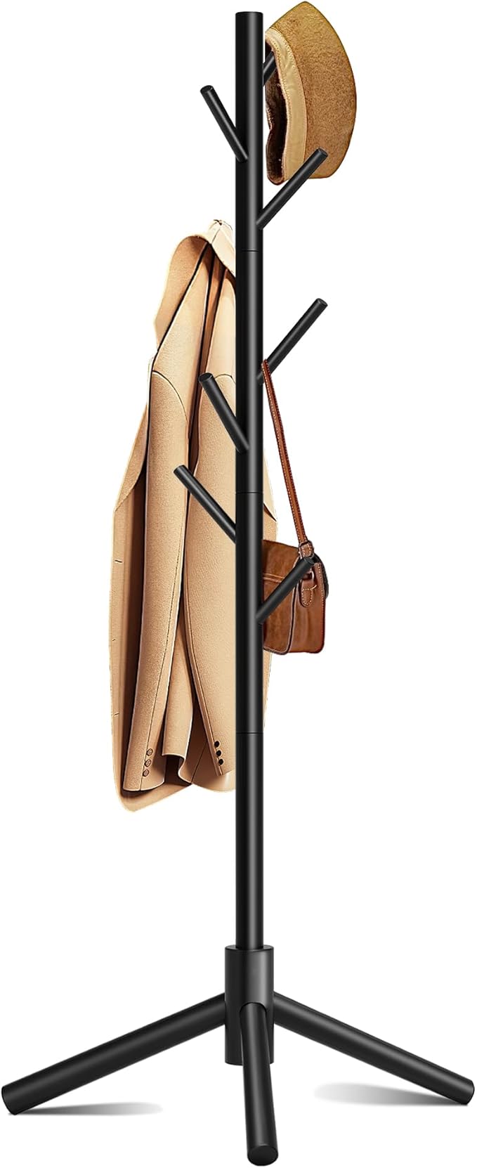 Wooden Coat Rack, Free Standing Coat Rack with 8 Hooks 3 Adjustable Heights for Clothes, Hats, Handbags, Coat Tree Easy Assembly for Entryway, Bedroom, Hallway, Office (New Black)-DeskLoop Office