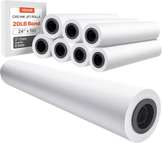 VEVOR Wide Format Paper, 24 in x 150 ft Plotter Roll, 8 Rolls CAD Bond Rolls by VEVOR