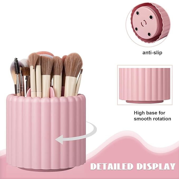 Anyoifax 360 Rotating Makeup Brush Holder 7 Slots Make Up Brush Organizer Removable Spinning Cosmetic Brushes Storage Pen Holder for Vanity, Dresser, Desk, Pink-DeskLoop Office