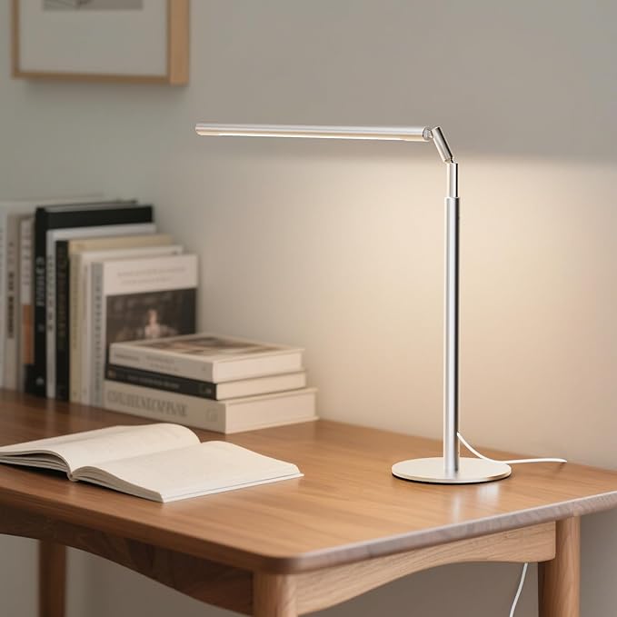 Metal Desk Lamp for Home Office - Foldable LED Table Lamp for Reading, 4 Color & 6 Brightness, 15W Dimmable Desk Light with Flexible Arm, Eye-Caring Desktop Lamp for College Dorm, Silver-DeskLoop Office
