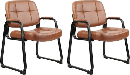 CLATINA Big & Tall 500 lbs Waiting Room Chairs with Padded Armrests and Sled Base, Leather Stationary No Wheels Office Guest Chair for Reception Lobby Home and Meeting Conference, Brown (2 Pack)-DeskLoop Office