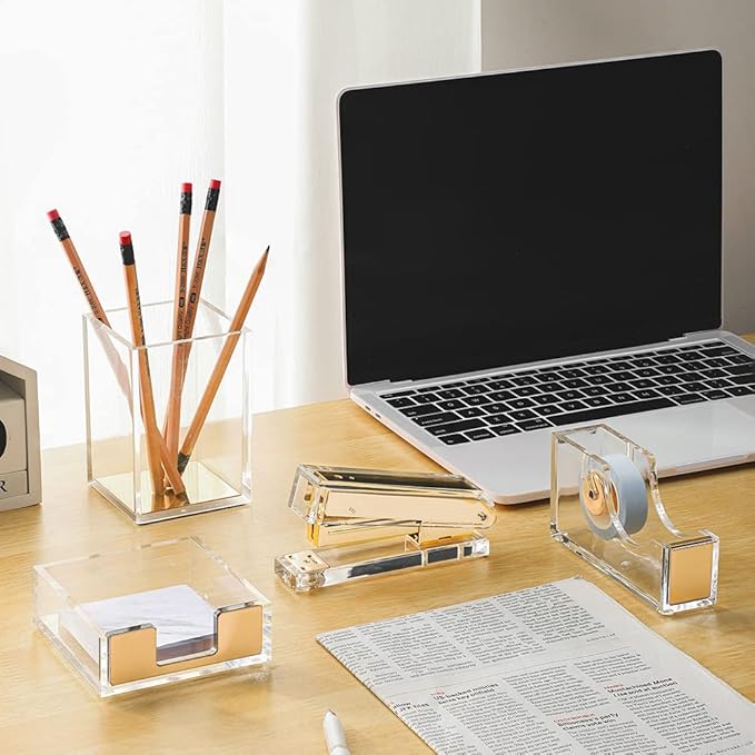Acrylic Gold Tape Dispenser & Desktop Stapler, Includes Staple Remover - Image 5
