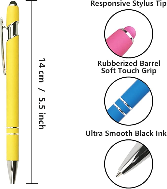 Ballpoint Pen with Stylus Tip, Soft Touch Click Metal Pen, 1.0mm Medium Point, Black Ink, 12 Count(Yellow)-DeskLoop Office
