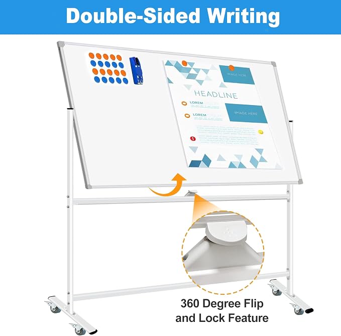 BSTPCOO Double-Sided Mobile Whiteboard 48 x 36, Rolling Magnetic Board - Image 2