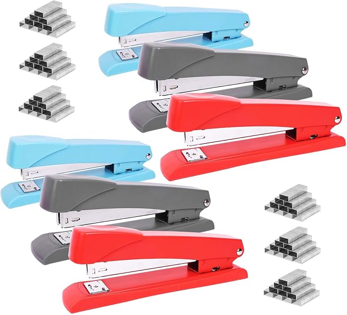 Clipco Stapler with 2000 Staples Full Desk Size Multi Color Red Gray Blue by Clipco