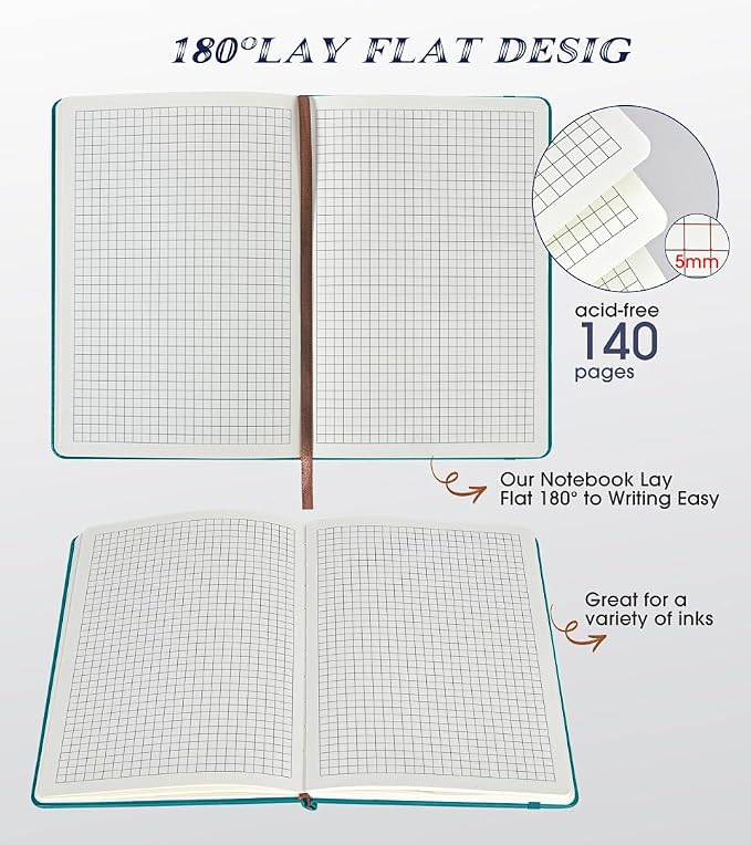 Biuwory A5 Hardcover Graph Paper Notebook, Grid Leather Journal - Image 5