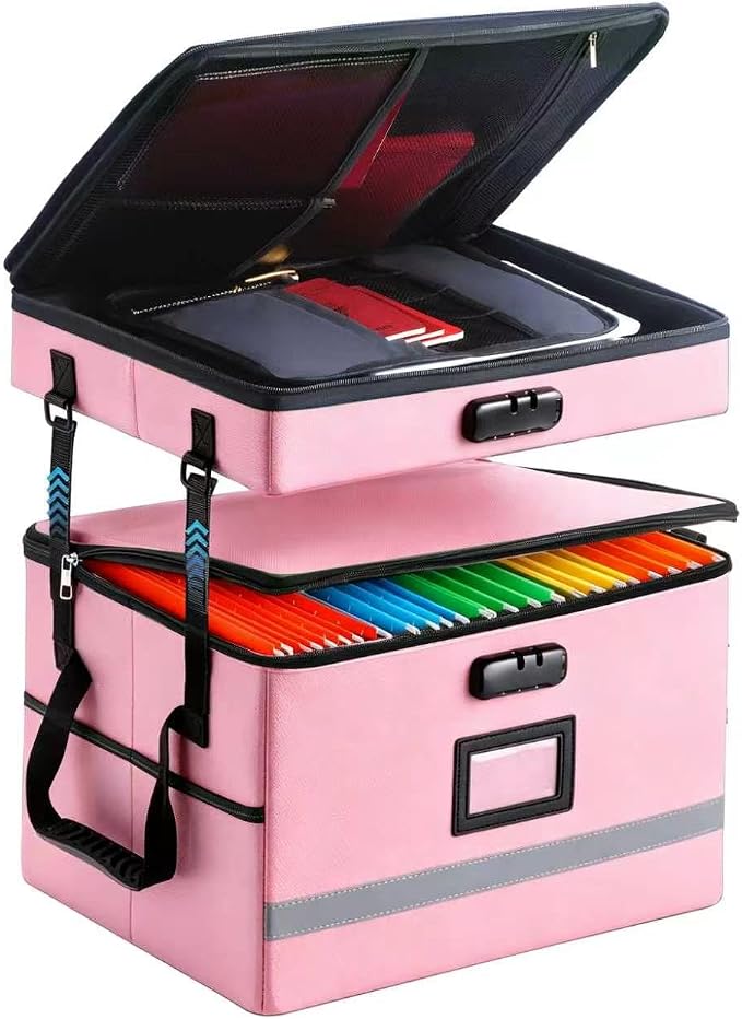 EXLIFBAG 2 Layer File Box with Lock, Portable Document Organizer Box with Handle by EXLIFBAG