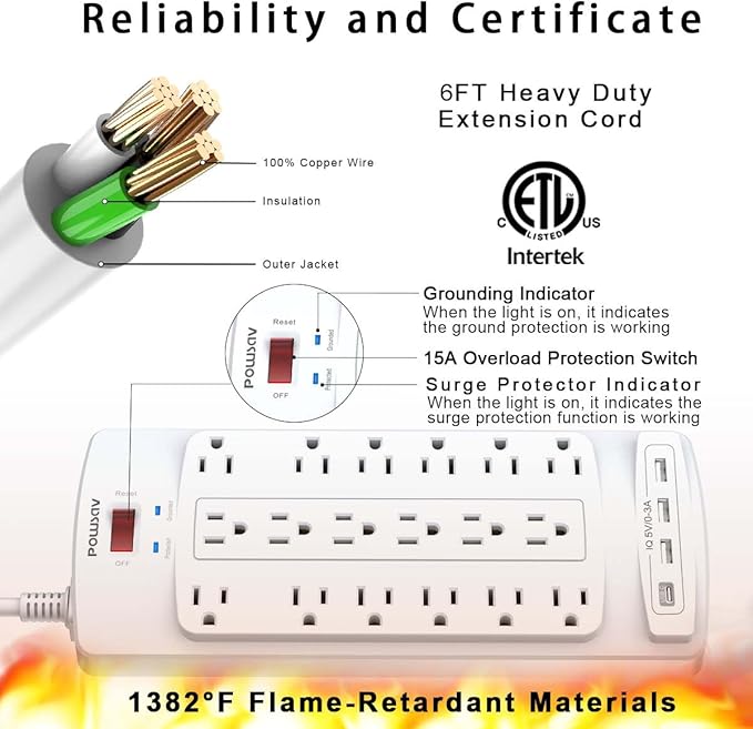 18 Outlets Surge Protector Power Strip - 6 Feet Flat Plug Heavy Duty Extension Cord with 18 Widely Outlets and 4 USB Ports, 2100 Joules, White, ETL Listed-DeskLoop Office