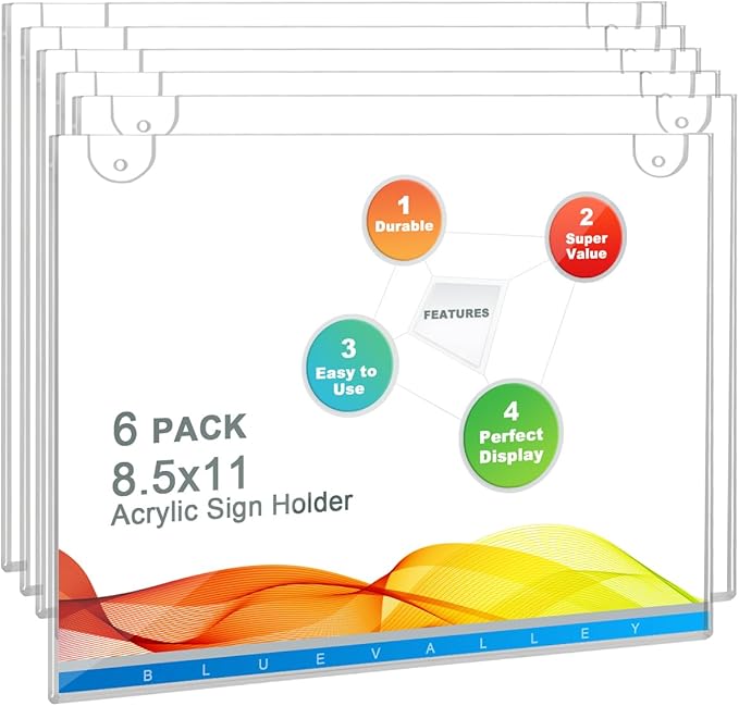BlueValley Acrylic Sign Holder 8.5 x 11 Wall Mount, Plastic Wall Sign Menu by BlueValley