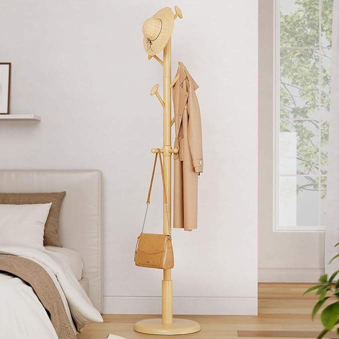 Solid Wood Coat Rack Freestanding Coat Tree with 10 Hooks for Bedroom, Livingroom, Entryway, Sturdy Coat Hanger Stand for Hats, Coats, Scarves, Handbags, Purses-DeskLoop Office
