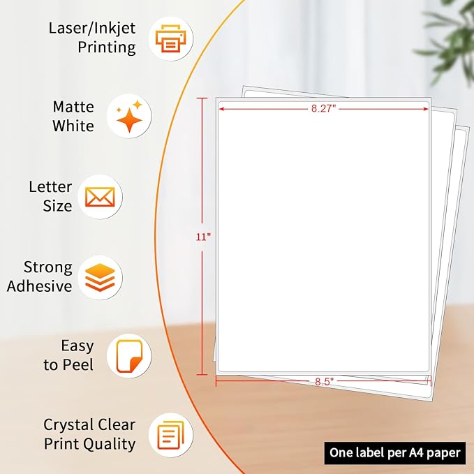 Printable Sticker Paper – 100 Sheets 8.5 x 11 Full Sheet Labels, Matte Self - Image 2