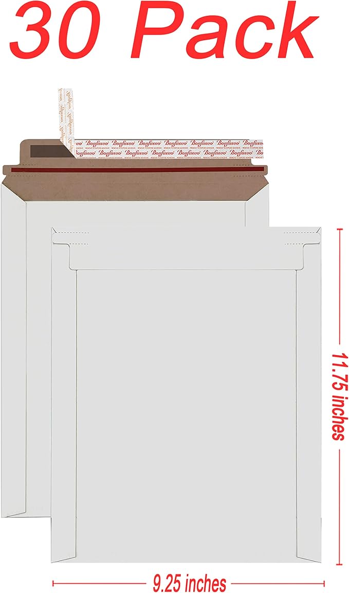 Bonfasvo Rigid Mailers 30 Pack 9.25 x 11.75 inches White Self Seal Stay Flat - Image 2