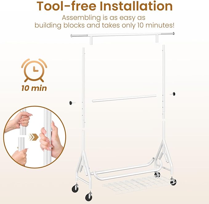 Double Rods Clothing Rack, Heavy Duty Clothes Rack for Hanging Clothes Load 560LBS, Metal Rolling Garment Racks with Wheels, Freestanding Clothes Hanging Racks, White-DeskLoop Office