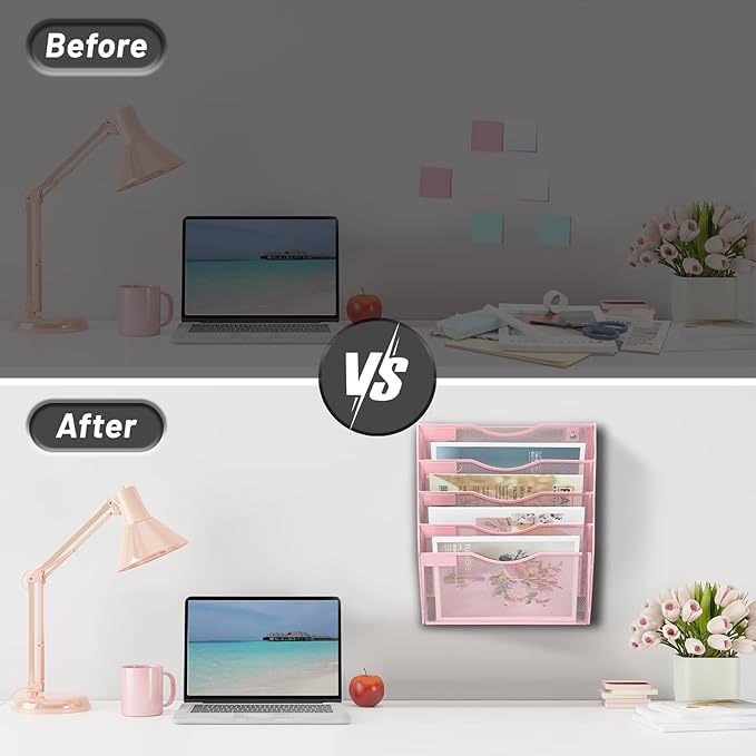 EASEPRES 5 Pocket Mesh Hanging Wall File Organizer, Wall Mounted Mail Paper Document Folder Holder, Clipboard Storage Organization Magazine Rack with Nametag Label for Office Home School, Pink-DeskLoop Office